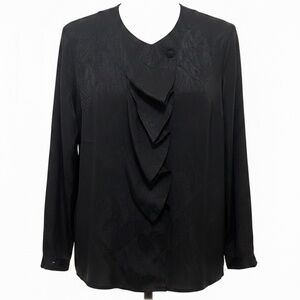 Vintage Black Silk-Feel Jacquard Ruffle Blouse